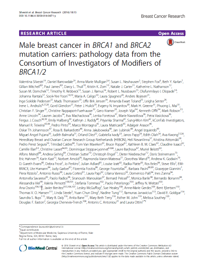 Male breast cancer in BRCA1 and BRCA2 mutation carriers: pathology data from the Consortium of Investigators of Modifiers of BRCA1/2