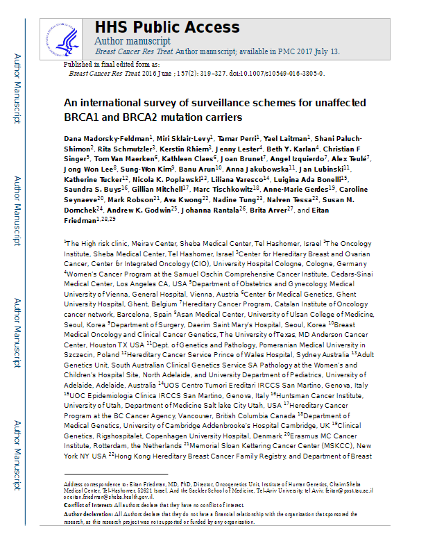 An international survey of surveillance schemes for unaffected BRCA1 and BRCA2 mutation carriers