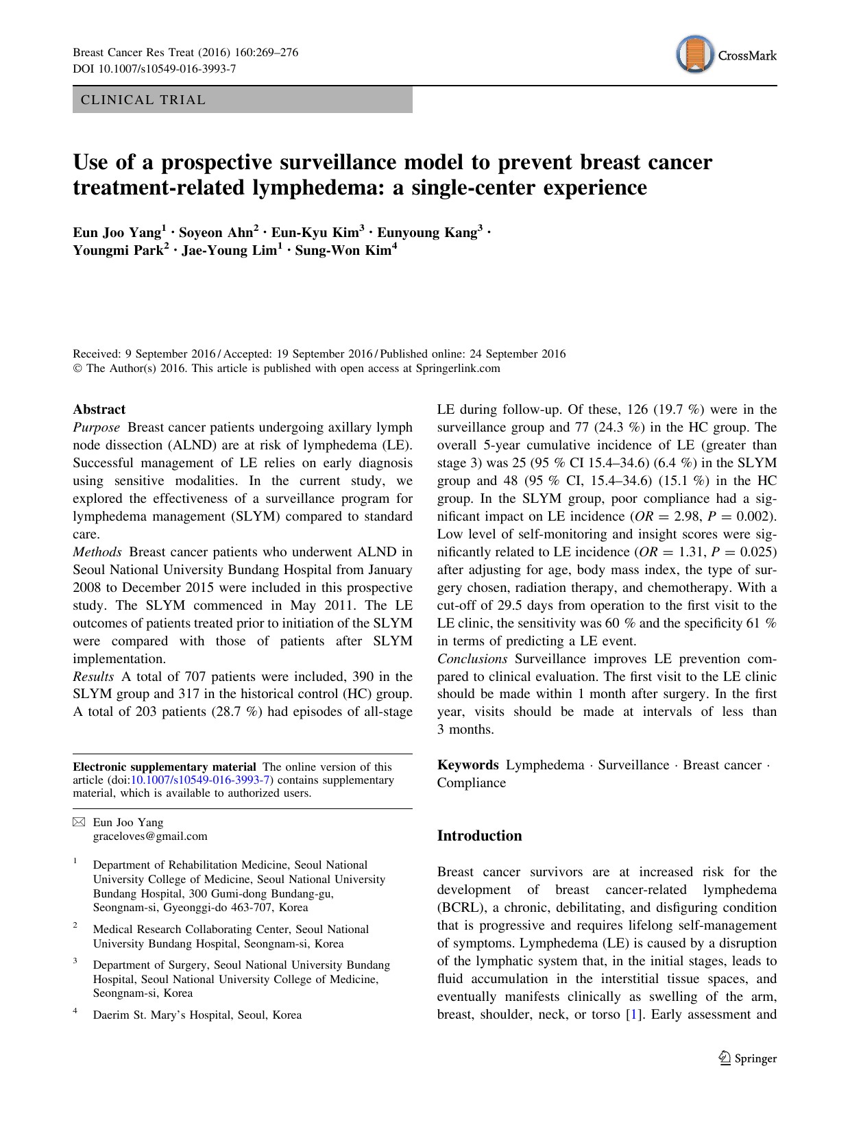 Use of a prospective surveillance model to prevent breast cancer treatment-related lymphedema: a single-center experience