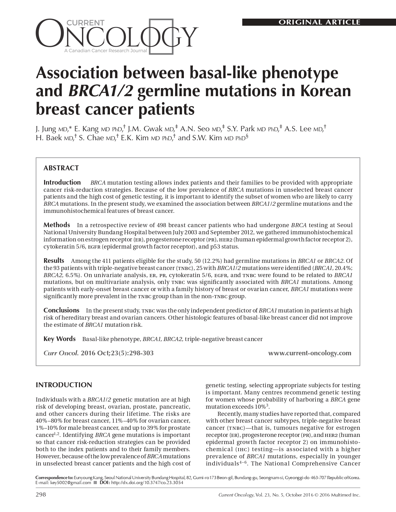 Association between basal-like phenotype and BRCA1/2 germline mutations in Korean breast cancer patients