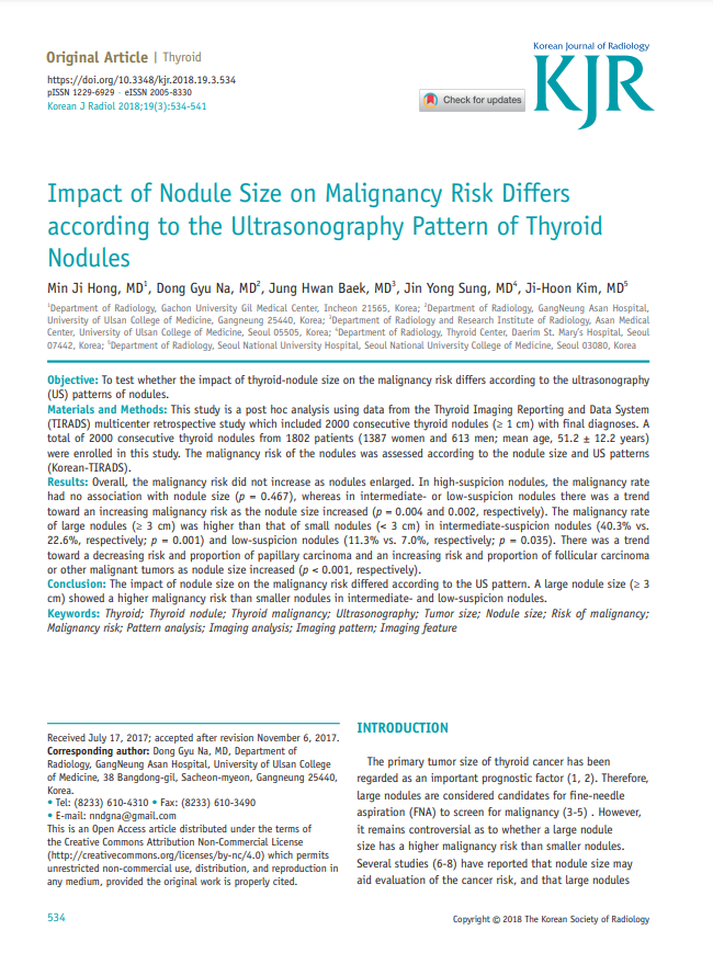 Impact of Nodule Size on Malignancy Risk Differs according to the Ultrasonography Pattern of Thyroid Nodules