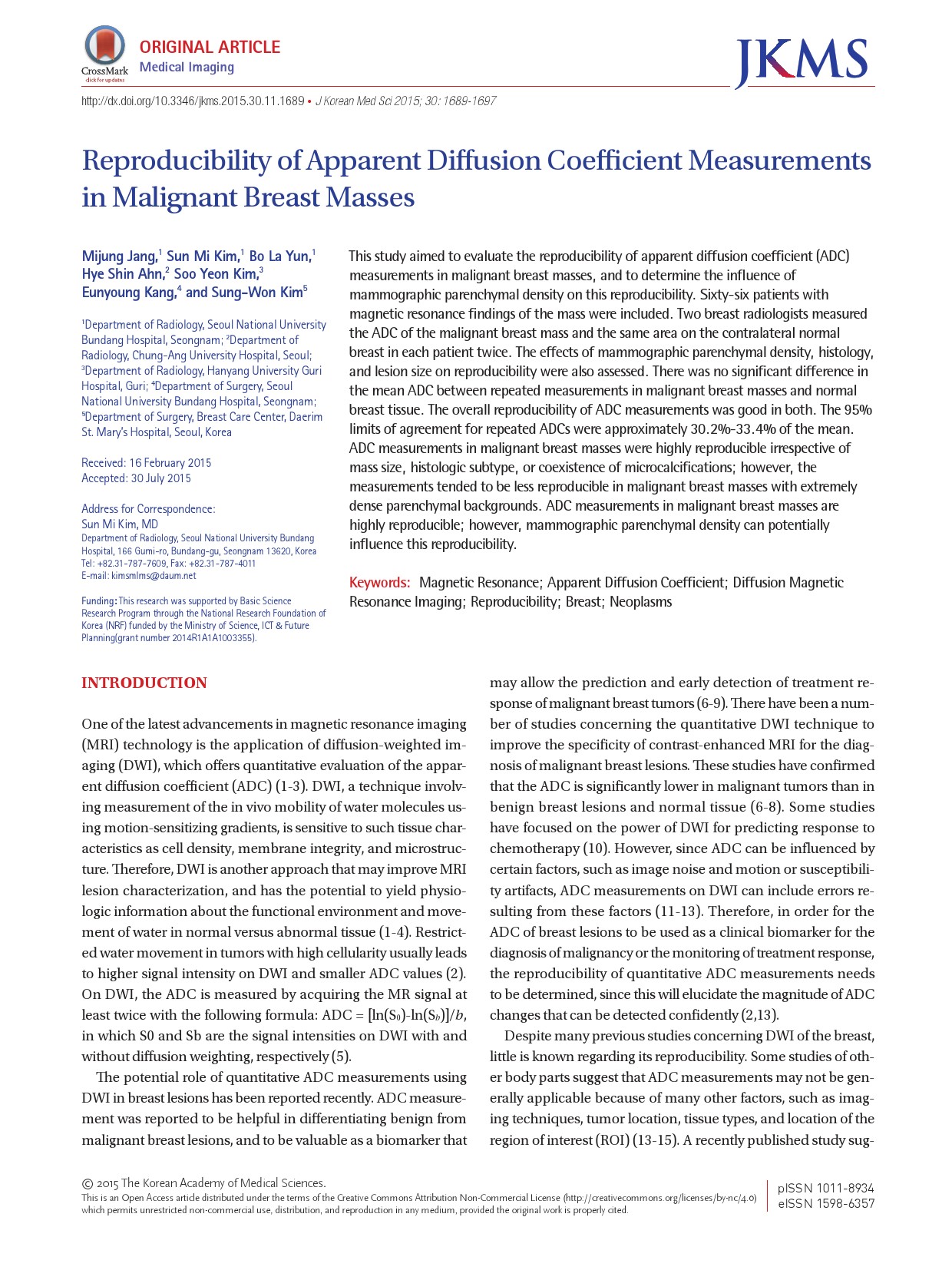 Reproducibility of Apparent Diffusion Coefficient Measurements in Malignant Breast Masses