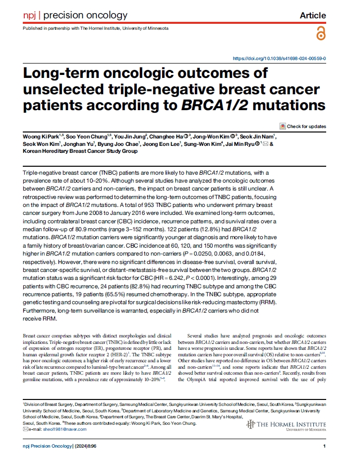 Long-term oncologic outcomes of unselected triple-negative breast cancer patients according to BRCA1/2 mutations